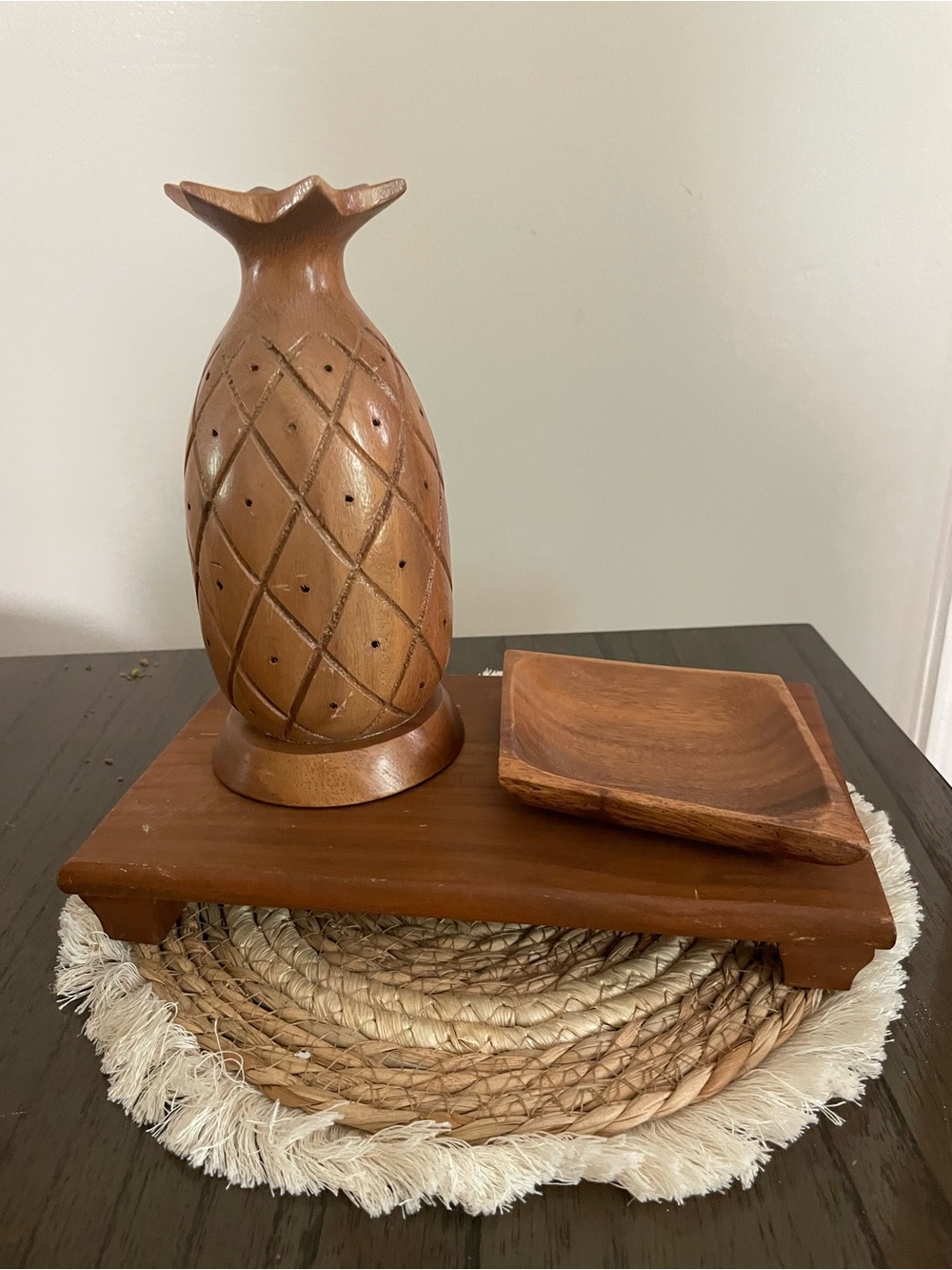 Hand-Carved Wooden Pineapple Accent in Brown 3 piece set